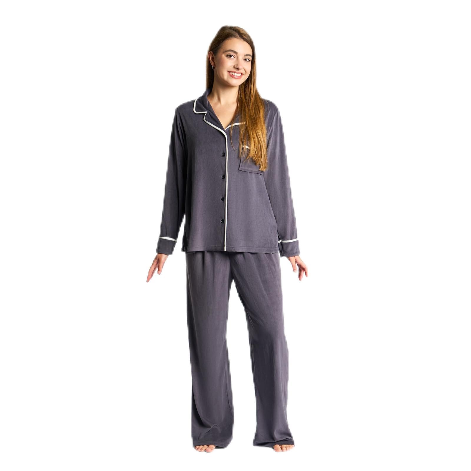 OHS Pjs for Women Sets Piped Edge, Long Sleeve and Full Length Bottom Women's Pyjama Sets Bride Pjs Two Piece Button Down Nightwear Sleepwear for Women, Charcoal Grey - S/M