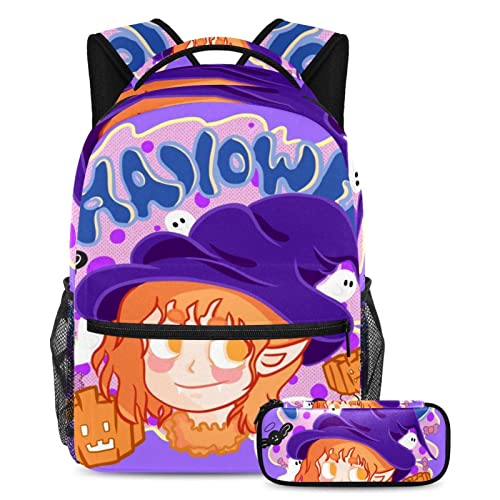 Sac à dos sorcière d'Halloween avec trousse pour l'école et voyage des enfants