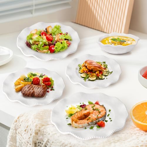Image of Melamine Dinnerware Sets Service for 4, Cream Plates and Bowls Set with Beaded Edge, BPA Free Dishwasher Safe, Heavy Duty Shatterproof Unbreakable Tableware for Wedding Party Camping Outdoor