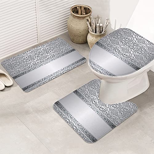 3 teiliges Badematten Set rutschfest U-FöRmige Duschvorleger,Silber, Barock-Damast, Rundungen, Rokoko-Stil, Motive… – Bild 5
