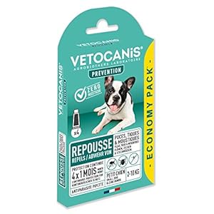 Vetocanis, Pipettes Anti Puces Chien, 4×1 Mois sans Tiques, Puces, Moustiques, Antiparasitaire Chien 2 à 10 kg, A base de Margosa, Répulsif Protection Immédiate, 4 Pipettes de 2 mL
