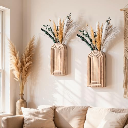 DREAMLOOM 2 Pack Wooden Wall Vases with Dried Pampas Grass and Eucalyptus Plants, Wall Hanging Planters Boho Modern Farmhouse Indoor for Narrow Spaces Entryway Bathroom Home Office Decoration, Brown by DREAMLOOM - Image 2