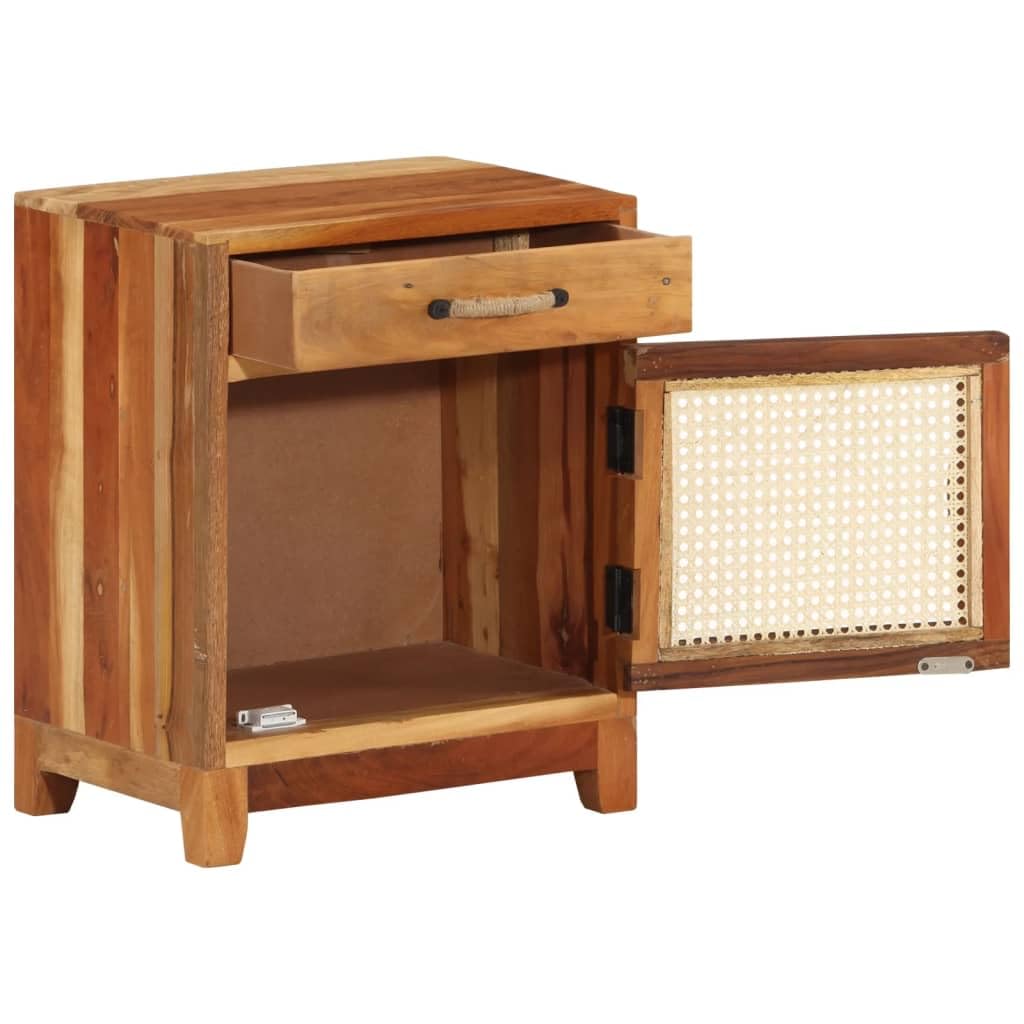 Mesita de Noche de Madera Maciza Reciclada Estilo Vintage con Puerta de Caña Natural, Hecha a Mano con Vetas Únicas, Fácil de Montar para Dormitorio o Salón