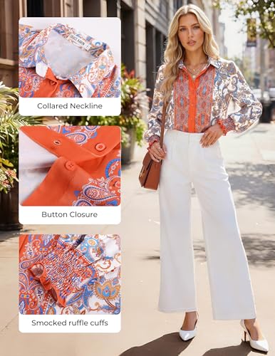 GRACE KARIN Women's Boho Floral Button Down Shirts, 2026 Fall Long Sleeve Blouses, Dressy Casual Fit Vacation Work Tops Orange S — view 3