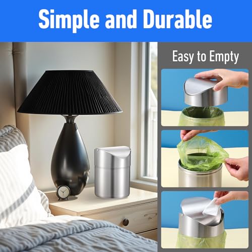 Image of MAQUITA 2 Pcs Desk Trash Can with Swing Lids, 2L Brushed Stainless Steel Countertop Garbage Bin Small Wastebasket with Lid for Office Desk, Coffee Table