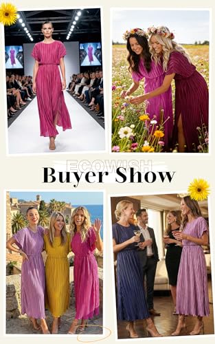 Image of ECOWISH Women Maxi Dresses Cocktail Party Wedding Guest Formal Pleated Long Dress Short Sleeve Slit Empire Waist Evening Gown
