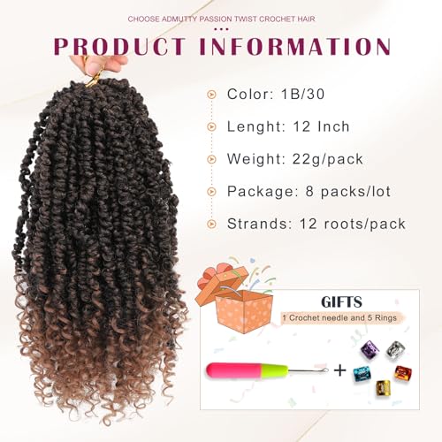 Passion Twist Crochet Hair, Pretwisted Passion Crochet Hair 12 Inch, Passion Twist Crochet Hair 8 Packs Prelooped Passion Twist Hair, Short Pre Looped Crochet Hair for Black Women(1B/30) - Image 3