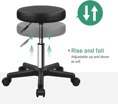 FURWOO Round Rolling Stool on Wheels Height Adjustable Stool Spa Stool for Salon Massage Home Kitchen Black