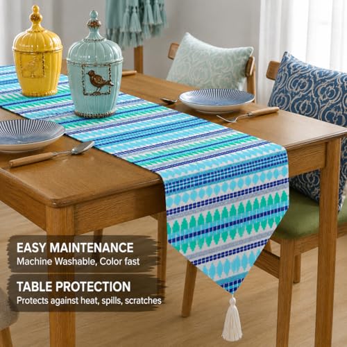 Image of STITCHNEST Woven Table Runner 13x60 Inches | Blue & Green Geometric Design | Tassel Finish | Modern Dining Table Decor