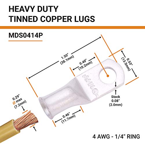 Image of SELTERM 4 AWG 1 /4 inch Stud (25 pcs.) UL Marine Grade Battery Ring Terminal Connector, Tubular Electrical Wire End Cable Lugs, Tinned Copper Eyelets [B32]