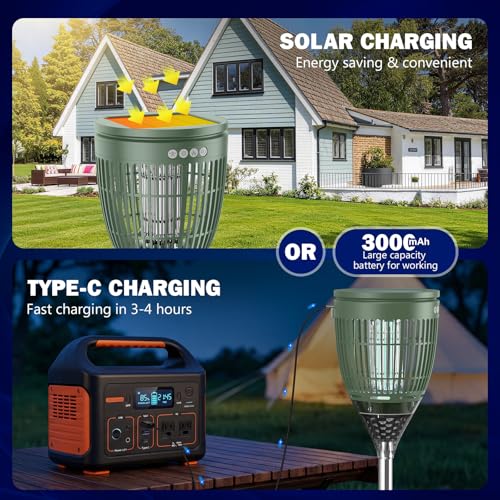 Image of All in 1 Solar Bug Zapper Outdoor, Flame & Projection Mode, Auto /Manual Modes, 4200V Electric Mosquito Killer with High Powered, IPX5 Waterproof Rechargeable Fly Insect Trap for Patio Garden Yard RV