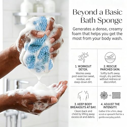 Image of UJFQBH African Net Sponge Authentic 3 Pack, the Gentle Exfoliating Body Scrubber that Unclogs Pores, Reaches Your Back, Dries Fast, and Leaves Skin Smooth Day After Day（Yellow, Army Green, Sky Blue）