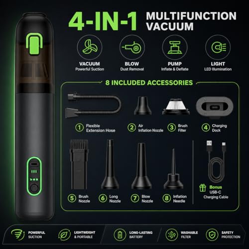 Image of Car Vacuum, 4-in-1 Portable Mini Cordless Vacuum with 21000pa Suction Power, Vacuum Cleaner for Car, Space-Saving Shape, Type-C Charge, Design for Car & Outdoor Use