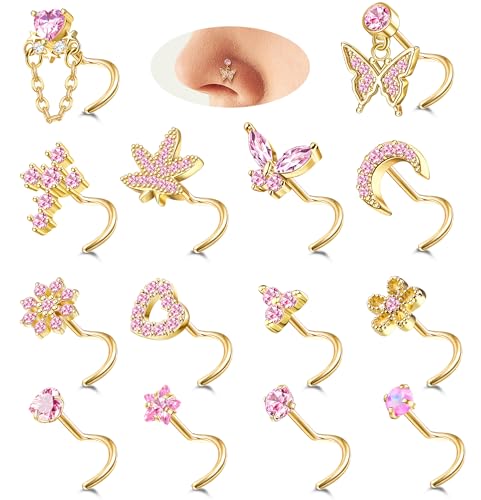 Milacolato 14PièCes 20G Piercing Nez Or pour Femme Acier Inoxydable avec CZ en Forme de L et en Spirale Anneaux de Nez de Argent Coeur Papillons Clous de Nez...