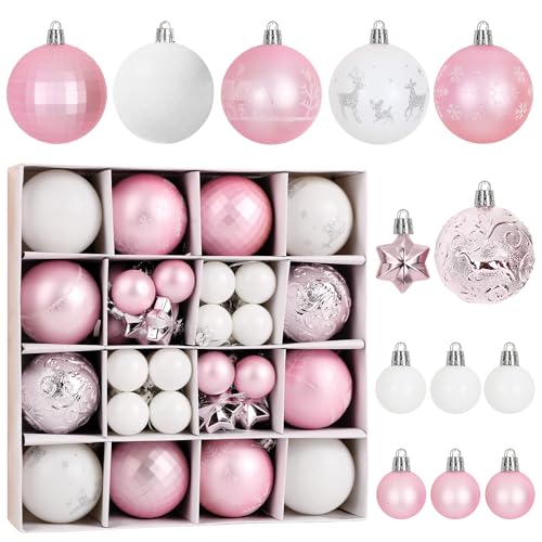 BOFUNX 44pcs Bolas de Navidad Rosa para Arbol de Navidad Bolas Navideñas Rosada y Blanco Colgantes de Plástico Adornos navideños Decoración para Árbol de Navidad Fiestas Cumpleaños