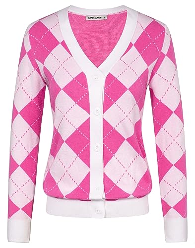 GRACE KARIN Cardigan for Women Spring Fashion Argyle Plaid V Neck Long Sleeve Button Down Sweaters Vintage Knitwear Valentines Day Sweater (Pink White XL)