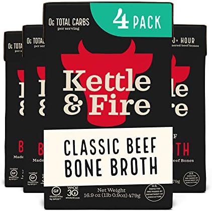 Kettle & Fire Beef Bone Broth Soup by and Pack of 4, Keto Diet, Paleo Friendly, Whole 30 Approved, Gluten Free, with Collagen, 10g of protein, 16.9 fl oz (Packaging May Vary)