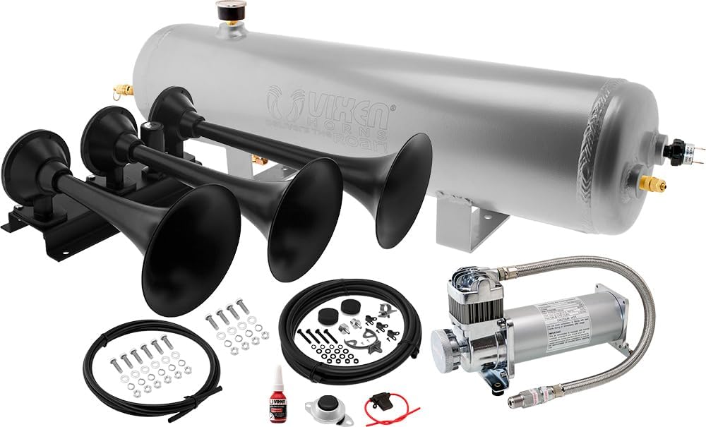 Vixen Horns Train Horn Kit for Trucks/Car/Semi. Complete Onboard System- 200psi Air Compressor, 3 Gallon Aluminum Tank, 3 Trumpets. Super Loud dB. Fits Vehicles like Pickup/Jeep/SUV VXO8330APRO/3418B