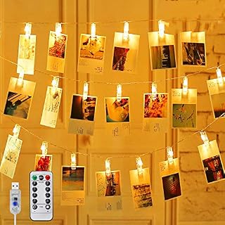 Hezbjiti 60 LED Photo Clip String Lights, 8M Photo Peg Fairy Lights with 60 Clips 8 Modes Remote & Timer, USB Plug in Hanging Photo Lights for Bedroom Home Party Wedding Birthday Christmas Decorations