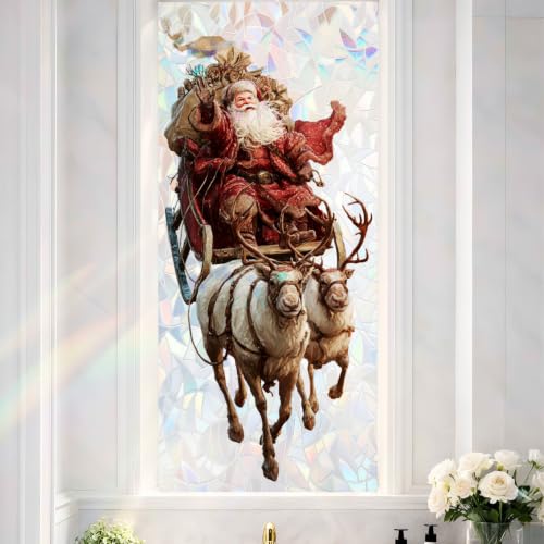Image of Santa Sleigh Reindeer Holographic Window Film 17.32x39.37in Cling