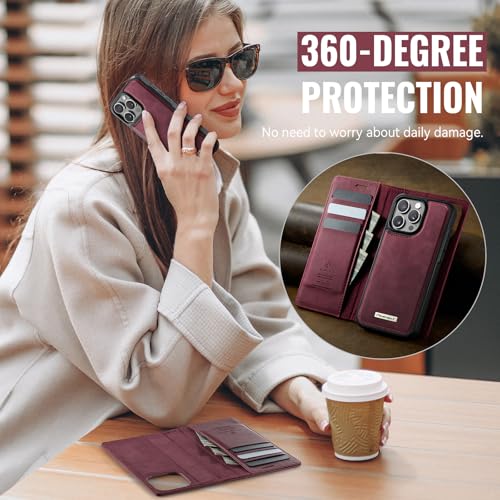 Image of Wallet Case for iPhone 13 Pro Compatible with Magsafe, 2-in-1 PU Leather Flip RFID Blocking Card Holder Stand Shockproof Magnetic Detachable Case for iPhone 13 Pro Case 6.1 inch, Burgundy