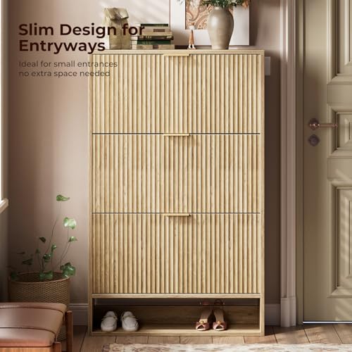 Image of Evermagin 31.5''W Oak Shoe Cabinet Storage for Entryway, Fluted Slim Shoe Dresser with 3 Flip Drawers, Narrow Shoe Rack Cabinet, Hidden Shoe Organizer Cabinet for Entrance, Hallway
