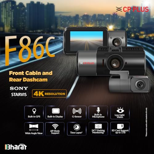 Image of CP PLUS True 4K Dashcam for Car with Built-in GPS | 8MP Front, Cabin & Rear (3 CH) Dash Cam | Sony Starvis | 2.5 inch Display | WDR Night Vision | 139 Wide View Angle | Support SD Card upto 1TB | CP-F86C