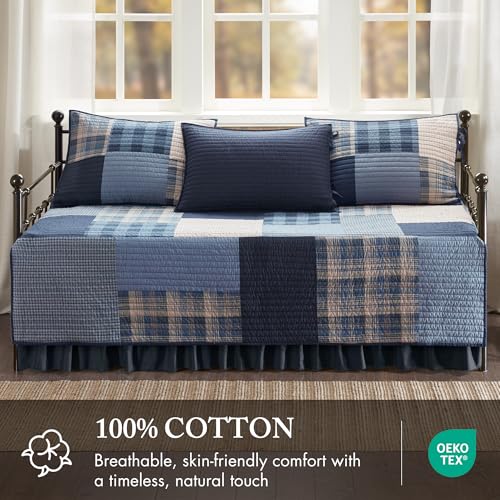 Image of Woolrich Daybed Cover Set - Cabin Lifestyle, Patchwork with Moose Design All Season, Lightweight and Breathable Cozy Bedding Layer with Bedskirt, Matching Shams, 39 inch W x 75 inch L, Blue 5 Piece