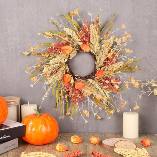 Image of 4 Pcs Fall Candle Rings 9 inch Thanksgiving Autumn Wreaths with Flowers for Tables Artificial Farmhouse Candle Rings Wreath for Front Door Porch Wall Window Decorations