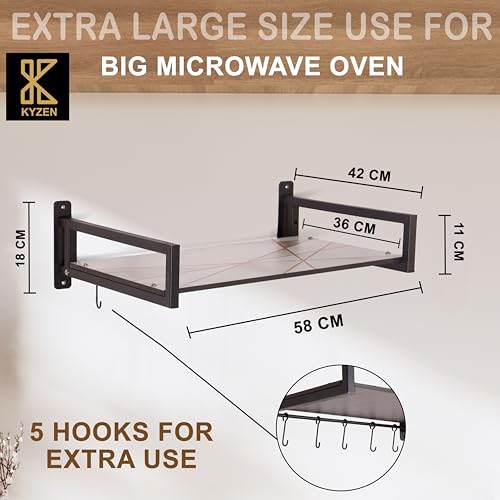 Image of KYZEN Deluxe Wall Mount Microwave Oven Stand with Pot Rack, 5 Hooks & Storage Container | Heavy-Duty Shelf for Microwave, OTG, Air Fryer, Grinder & Kitchen Organization (Marble) Appliances WM Delux M