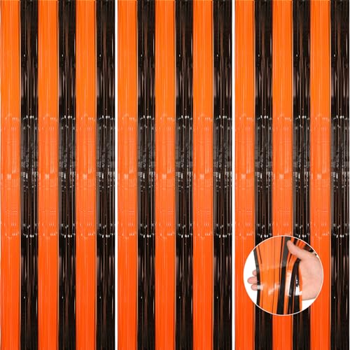 Image of Accevo Black Orange Party Streamers 3Pack 3.2ft x 8.2ft Tinsel Black Orange Streamers Party Decorations Door Decorations Foil Fringe Curtain Halloween Christmas Party Decorations Orange Party Decor