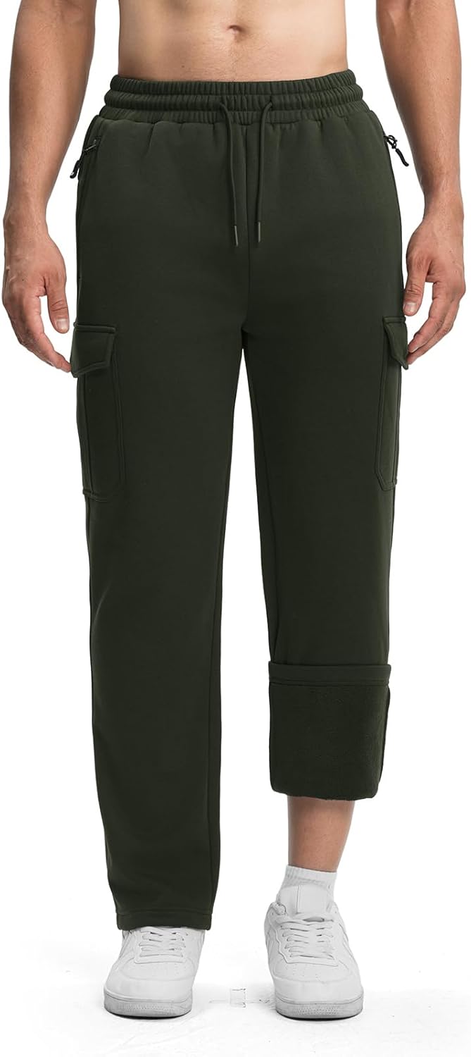 TBMPOY Men's Fleece Lined Sweatpants Winter Straight Leg Open Bottom Warm Cargo Pockets Cotton Running Lounge - Image 2