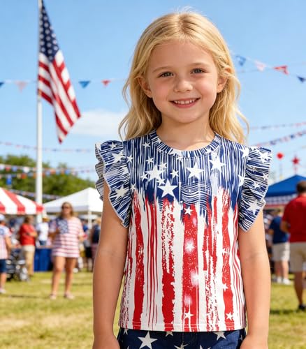 Image of Tkria Girls 4th of July Tank Tops Red White and Blue Shirt Toddler Girl American Flag Patriotic Outfit 2-7 Years