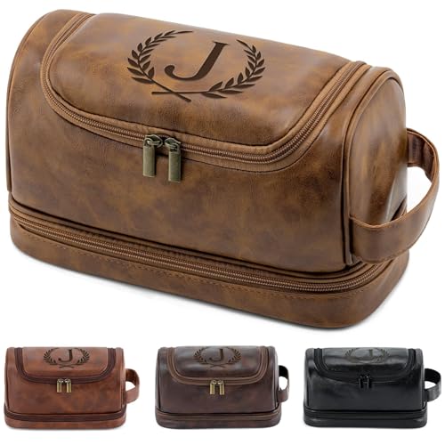 Aganmi Personalized Christmas Birthday Gifts Toiletry Bag for Men Dad Husband Custom Initial PU Leather Waterproof Toiletry Organizer Dopp Kit Shaving Bag Travel Essential for Men Light Brown J