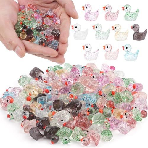 100Pcs Glitter Mini Resin Ducks, Colorful Tiny Ducks Figurines Bulk for Miniature Dollhouse Decor...