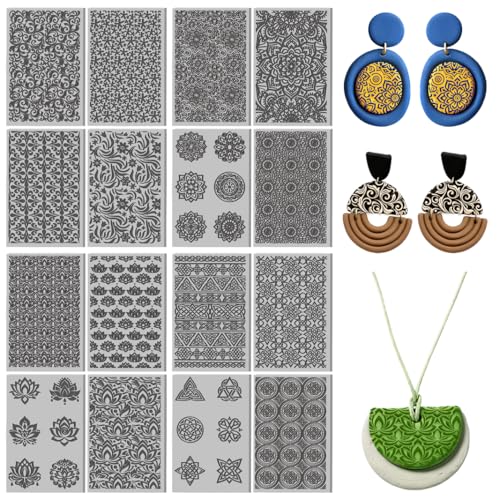 Image of 16 Sheets Retro Pattern Clay Texture Mat Mandala Flower Polymer Clay Texture Sheets DIY Tools for Pottery Earring Jewelry Making Stamp Engraving Machines, 3.9x2.6inch