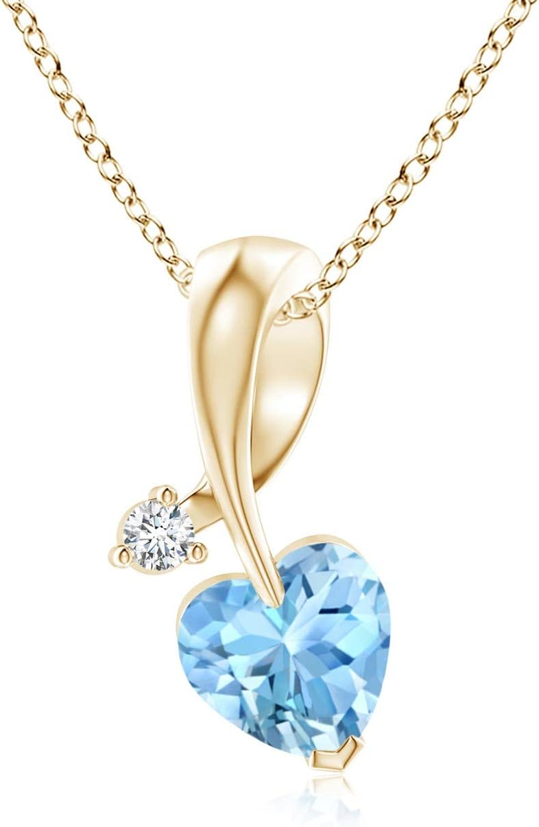 Angara Natural Aquamarine Pendant for Women | Heart-Shaped Aquamarine Ribbon Pendant with Diamond in 14K Solid Gold/Platinum With 18" Chain | March Birthday, Anniversary, Gemstone Jewelry Gift