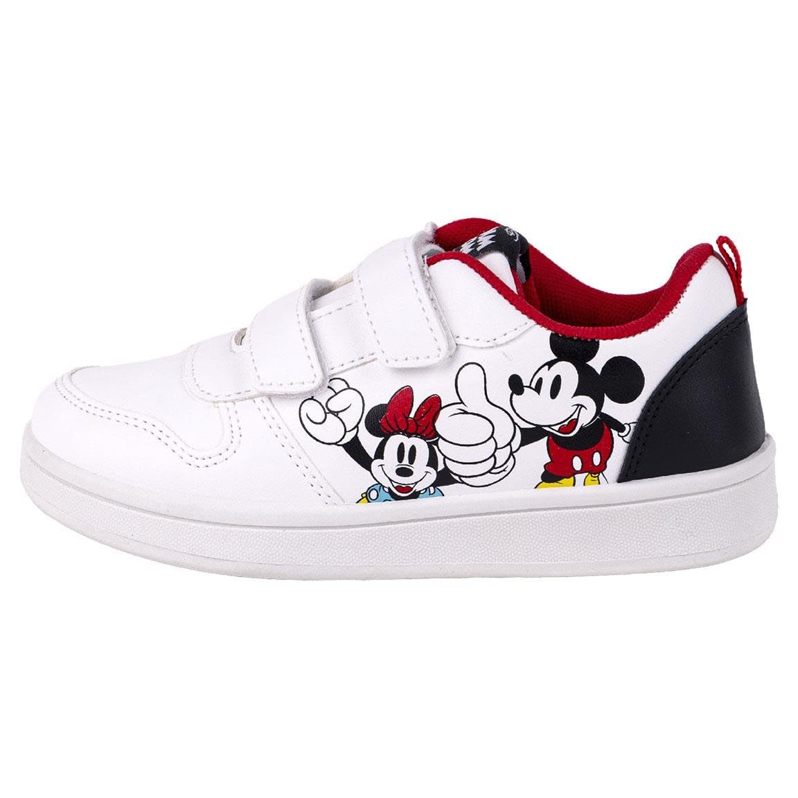 Disney Trainers - White, Black and Red - UK Size 8.5 JNR - Children's Velcro Trainers with PVC Sole - Mickey and Minnie Printed Design - Original Product Designed in Spain