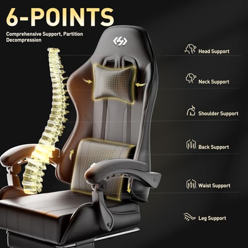 Image of HLDIRECT Gaming Chair, Ergonomic Computer Office Chair with Lumbar Support Footrest Headrest, Adjustable Height & Backrest Angle Video Gamer Chair, PU Leather, 360 Swivel, Adult (Black)