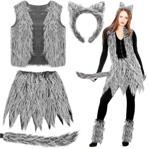 Wolf Kostüm Damen,Karneval Outfit Damen,Halloween Set,Weste + Halbkleid + Fußmantel + Handschuhe + Kopfhänder + Schwanz,Faschingskostüme...