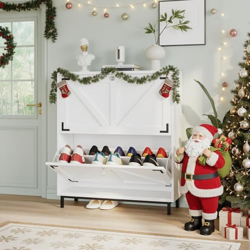 VOWNER Zapatero Entrada Recibidor, 2 Puertas, Zapatero Blanco, Particiones Ajustables, Madera, para Entrada Estrecha, con Patas de Acero, 80 x 24 x 92 cm, Pasillo