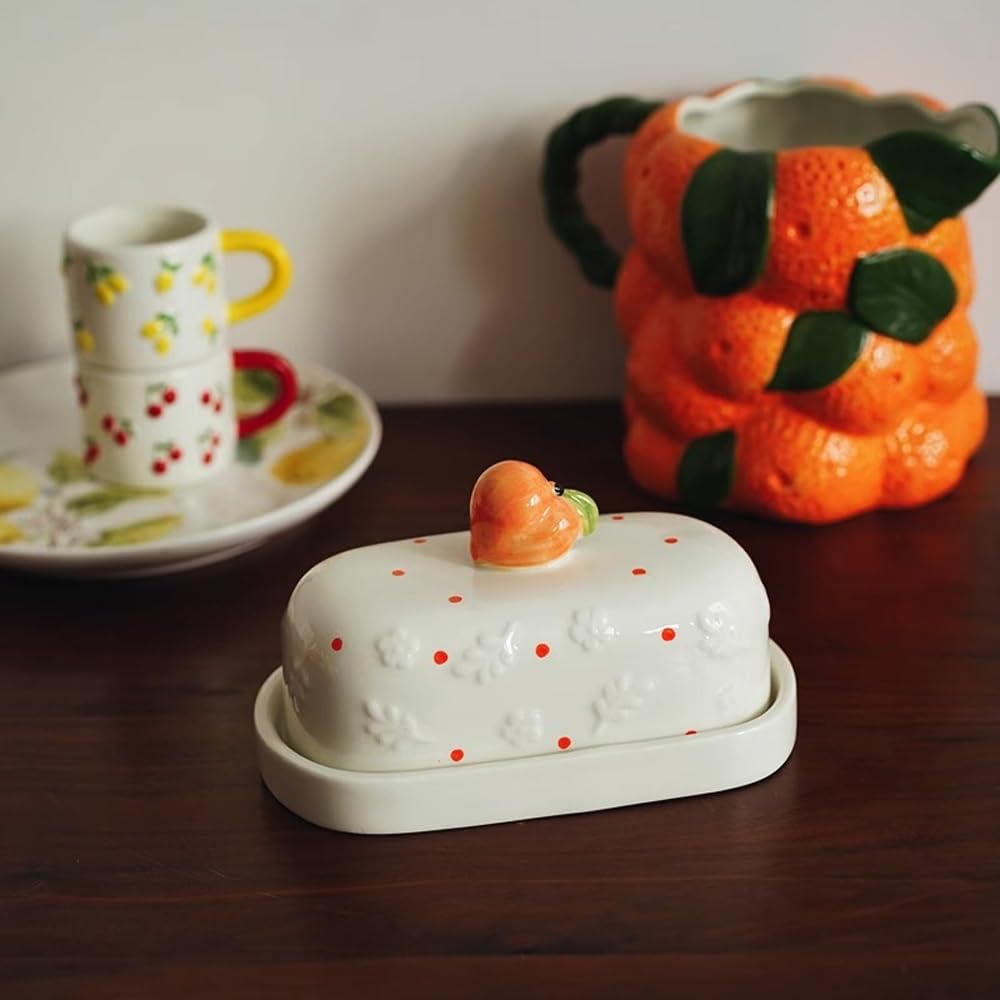 Porte-beurre Beurrier en relief forme de pêche style européen avec couvercle Plat à fromage pour la cuisine