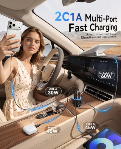 10' Rocoren 60W Starlink Mini Car Power Adapter w/ 45W USB-C & 30W USB-A - image 2