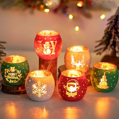 Glasseam Teelichthalter Weihnachten Teelichtgläser: Kerzengläser 6er Set Rot Grün Weiß Kerzenhalter Glas für Weihnachtsdeko Tisch Windlicht Kerzenglas für Esstisch Party Geschenk Adventsgesteck