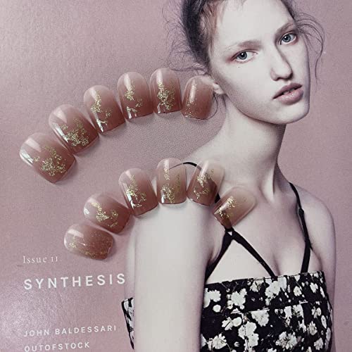 French Fake Nails With Gold Foils Short Press On Nails Gradient Nail Tips Cute Nude Press On Square Milk Tea Color Acrylics Full Cover False Nails For Women And Girls 24Pcs #TOP1