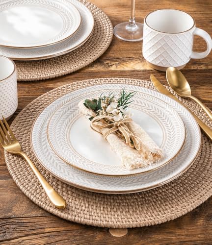 Image of GBHOME Dinnerware Sets for 4, Farmhouse Style Stoneware Plates and Bowls Sets, 12 Pieces Embossed Scratch Resistant Dishes, Dishwasher & Microwave Safe, White