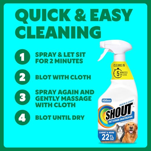 Image of Shout Pet Stain Remover Spray, Color-Safe Multisurface & Carpet Cleaner Solution for Dog & Cat Urine, Feces, Vomit & Mud, Fights Odors & Remarking, Fast-Acting Cleans in 5 Minutes or Less, 22oz