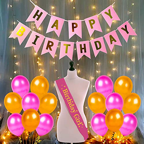 Image of Party Propz Pink Birthday Decorations For Girls - 23 Pcs, Birthday Decoration Items For Girl, Women | Golden, Pink Balloons For Birthday Decoration with Lights, Birthday Sash | Pink Theme Birthday