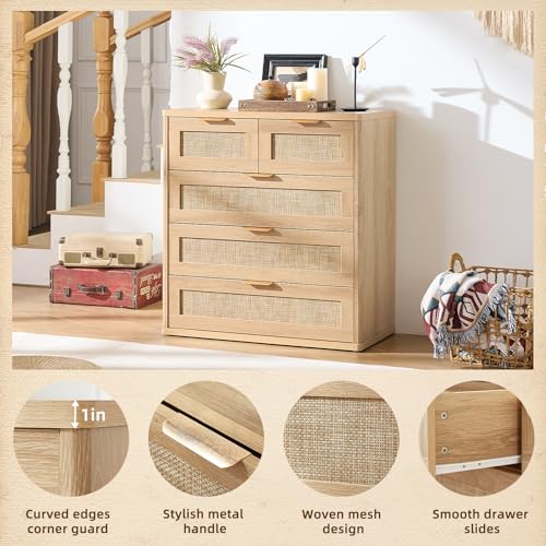 Image of LEYAOYAO Rattan Dresser for Bedroom, 33.5 inch Tall Chest of Drawers, Modern 5 Drawers Boho Dressers with Storage, Light Oak Dresser Wooden Closet Organizer for Living Room, Hallway, Natural Wood