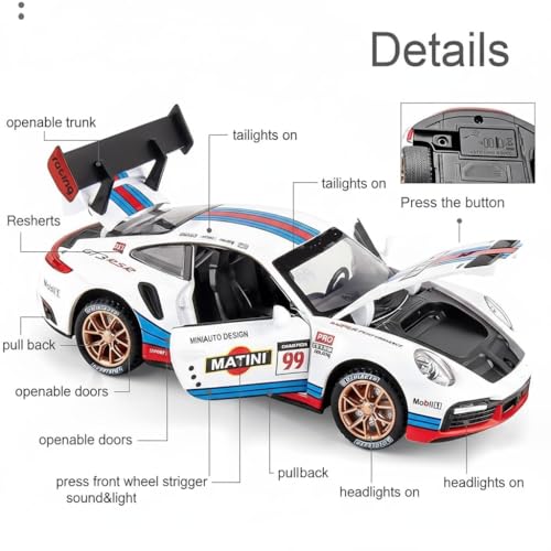 Image of Okean Matini Porscche 911 GT3 RSR Turbo S 1:32 Scale Model Car | Durable Alloy Metal Die-cast Model Car for Kids | 1:32 Scale ToyCar Birthday Gift for Kids | with Openable Doors & Lights Music